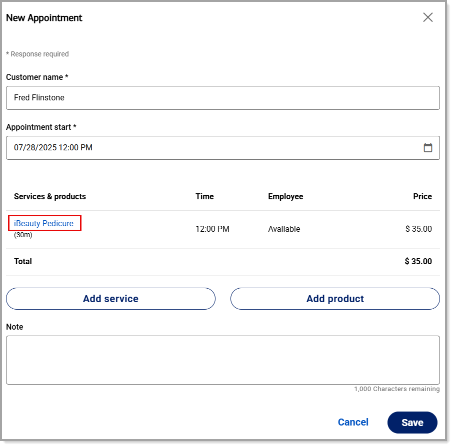 Service name link on a new appointment screen