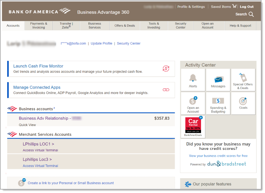 Merchant Services account in online banking