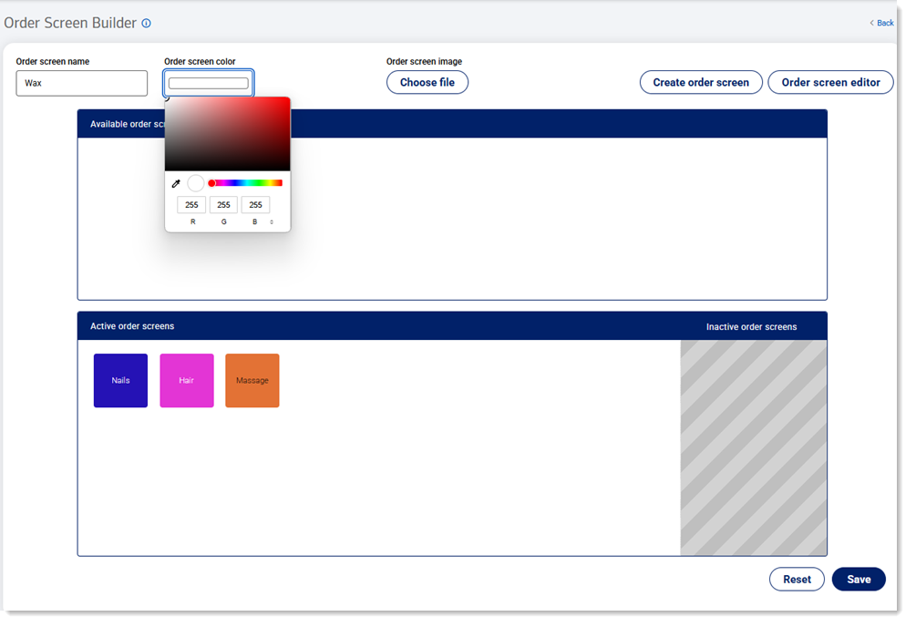 Color options dropdown under Order screen color field.