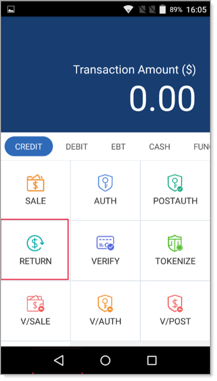 Return option on Credit tab
