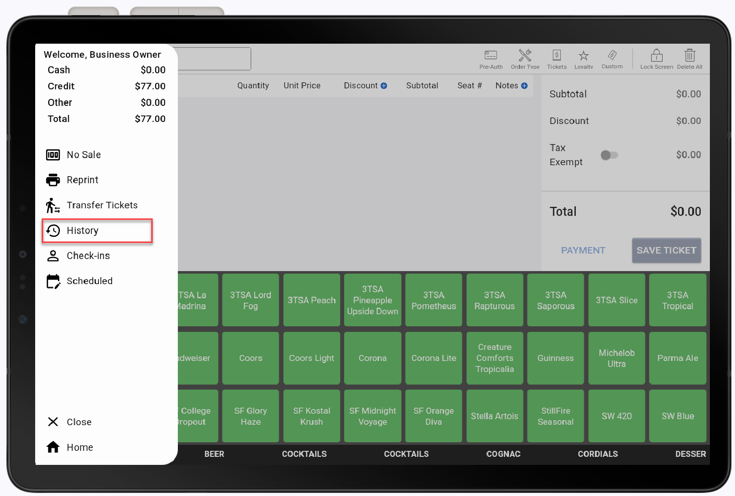 history option selected on orders menu