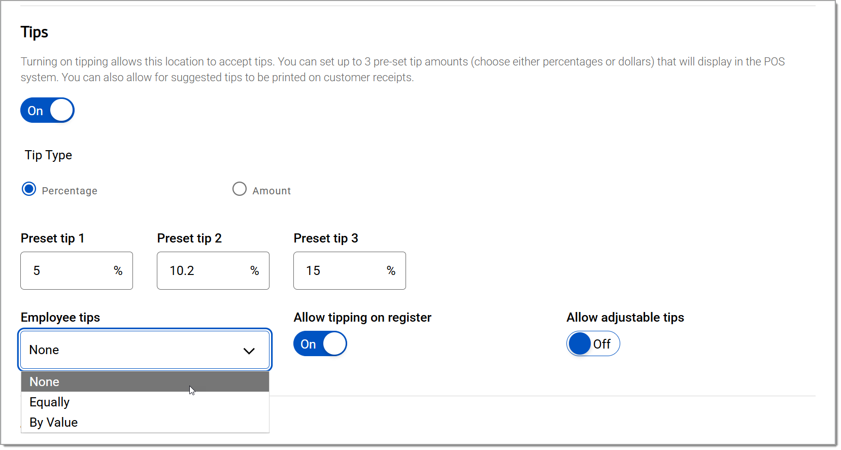 global tip settings with employee tip options showing