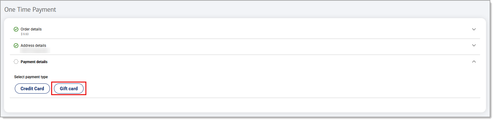 Gift card highlighted under Payment details.