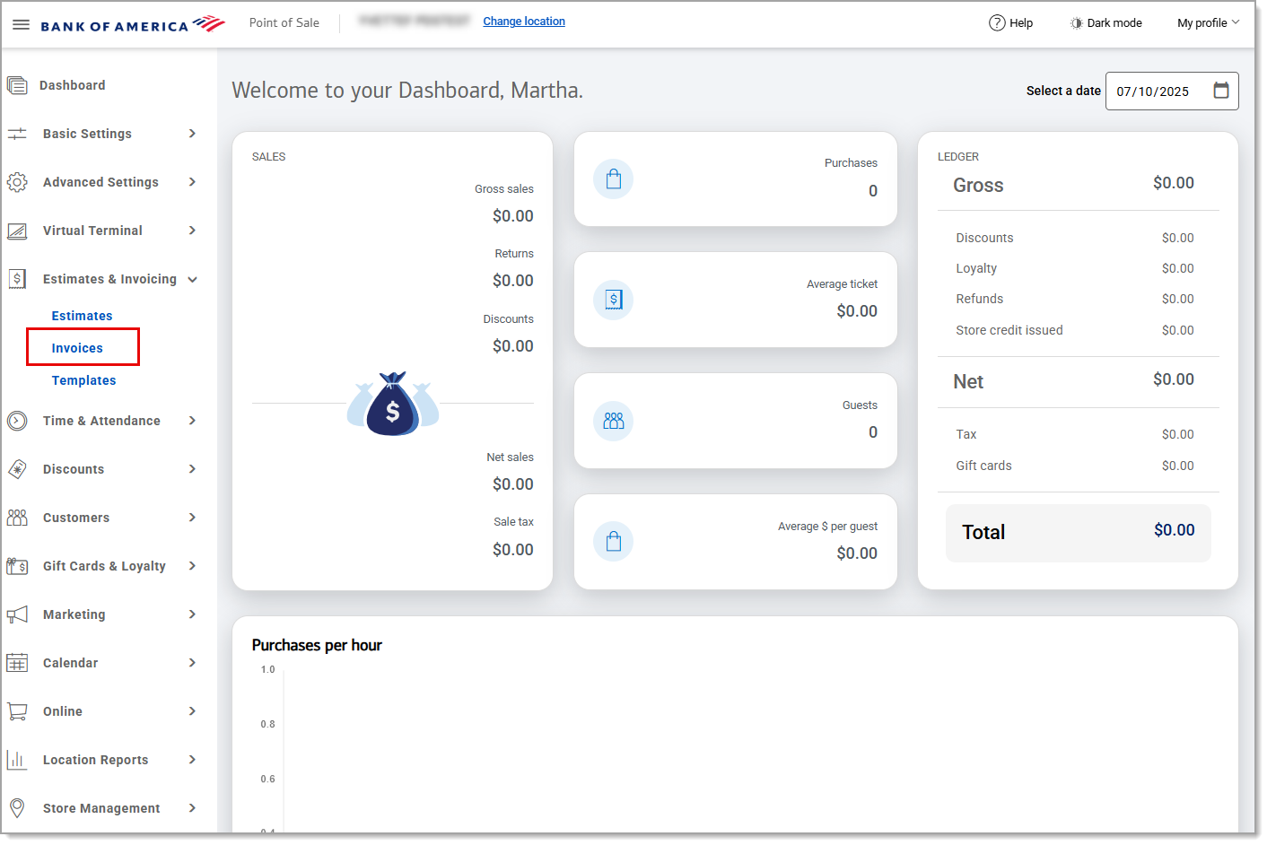 Invoices highlighted under estimates and invoicing in the navigation menu.