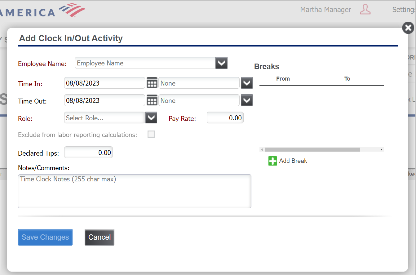 Add clock in/out activity dialog box