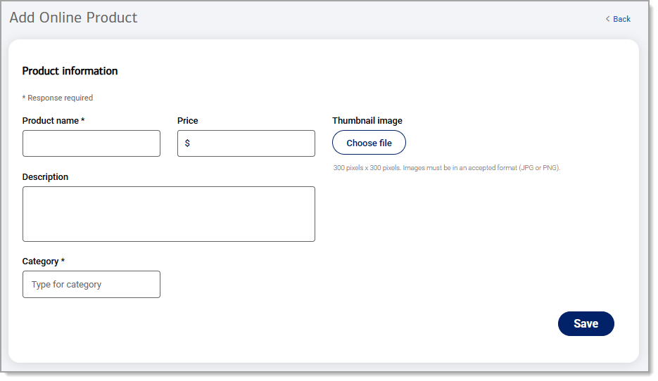 Add Online Product Form with fields for product information like name, display, and category.