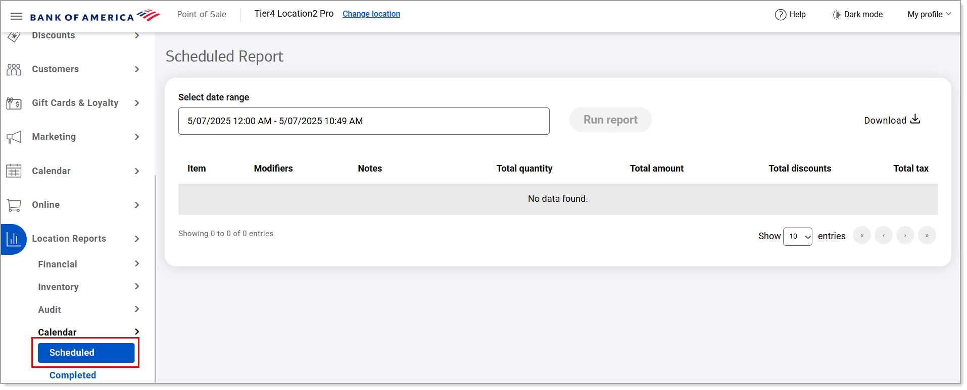 Scheduled orders report menu option