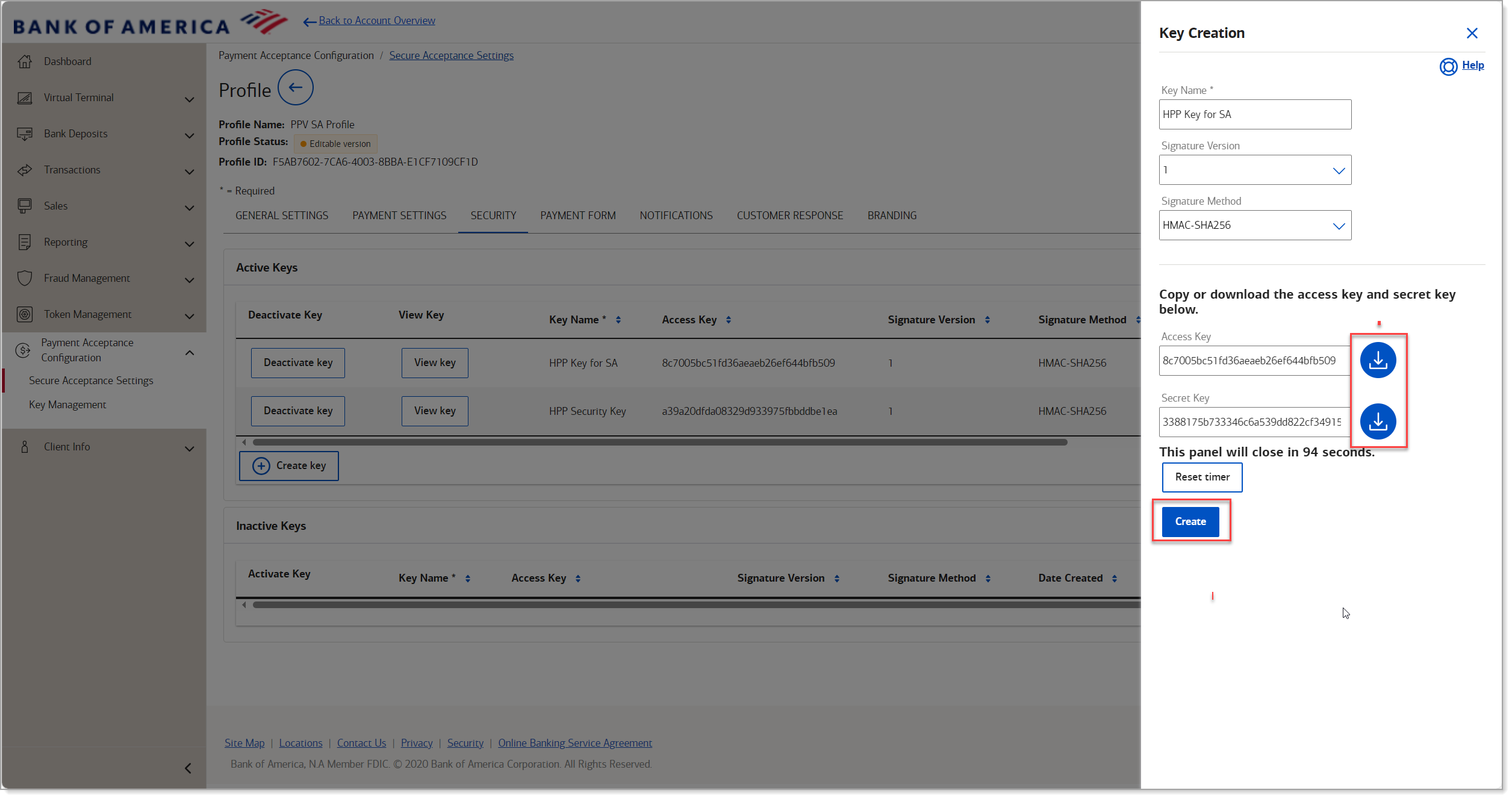 Copy or download the access key and secret key via the Key Creation panel