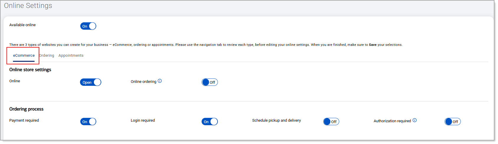 Online settings eCommerce tab