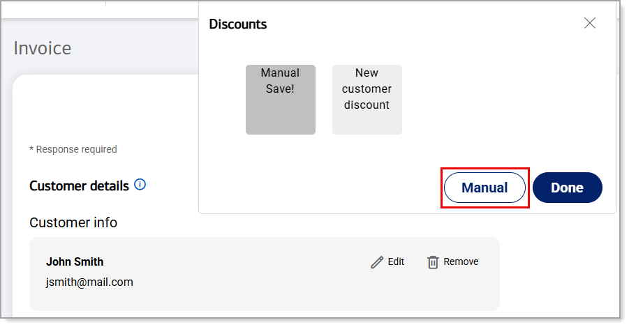 Manual button to apply a new custom discount.